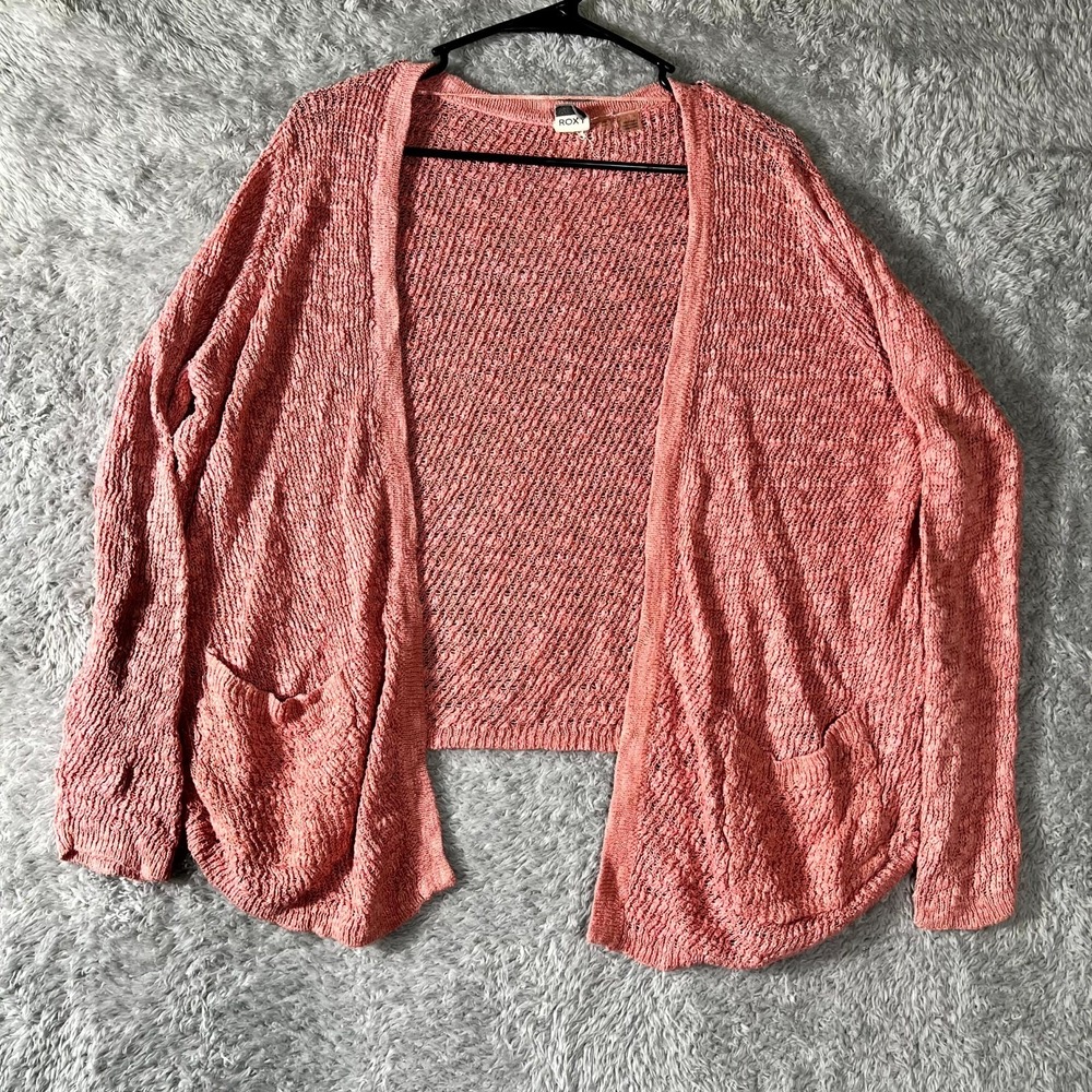 Roxy Cardigan Sweater Women Small Coral Pink Knit Cotton Open Front Shrug Winter